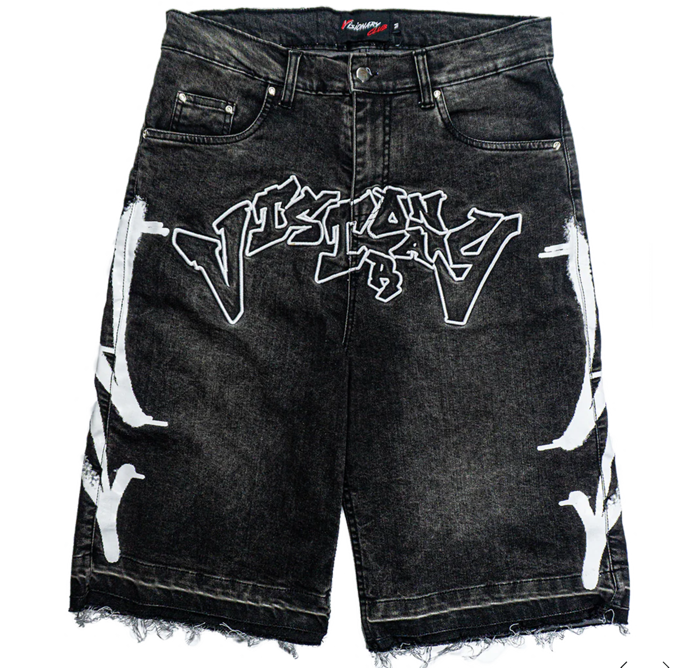 Vizionary Club PHANTOM GREY “GRAFFITI BLITZ” LONG STRAIGHT DENIM SHORTS