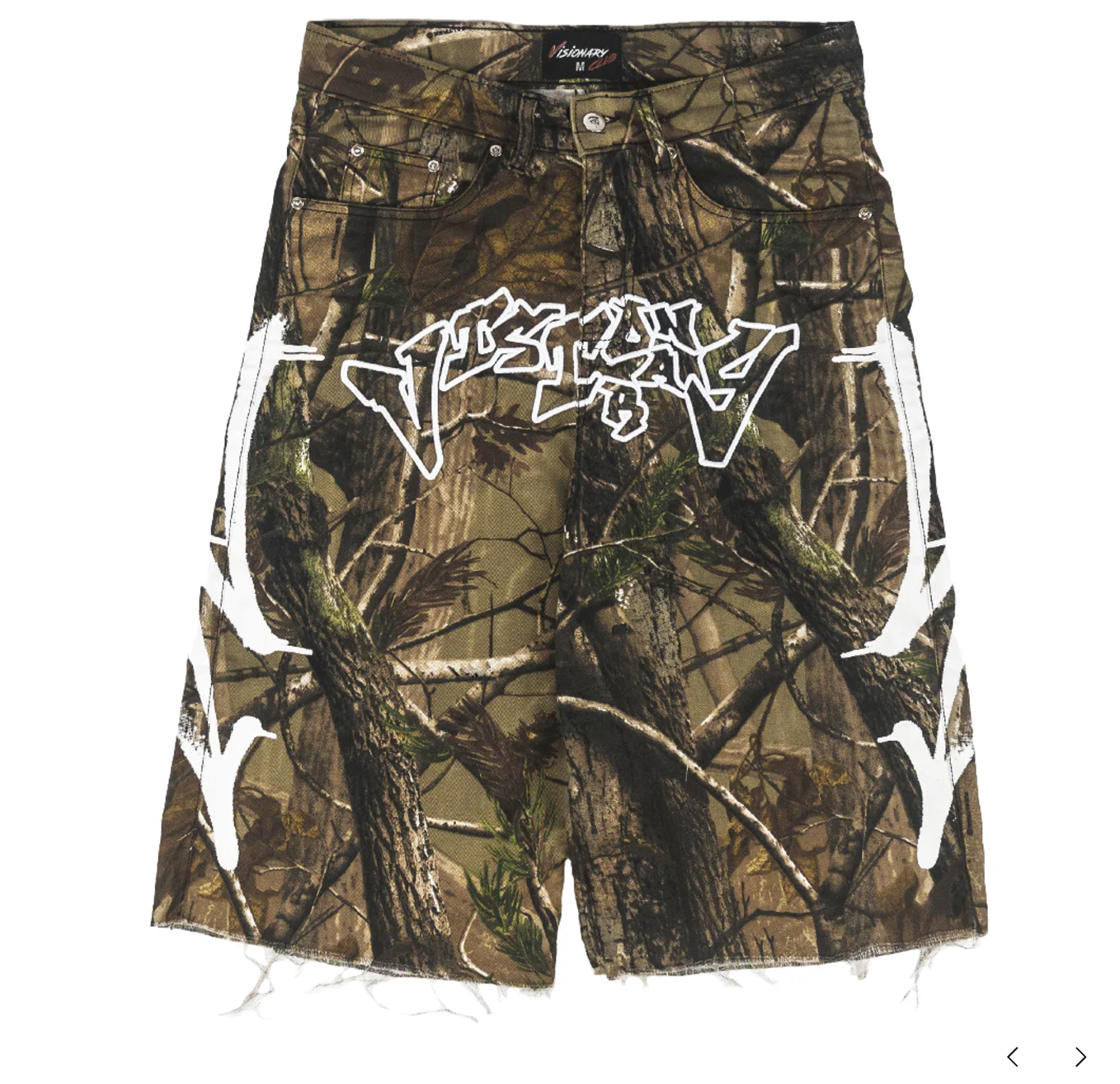 Vizionary Club CAMO “GRAFFITI BLITZ” LONG STRAIGHT DENIM SHORTS